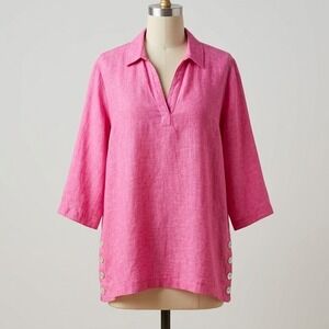 Sigrid Olsen Womens 1X Pink Linen Popover Tunic Top V-Neck 3/4 Sleeve